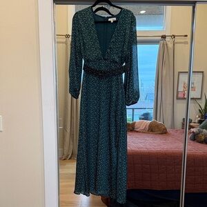 Elegant Green Polka Dot Dress with Plunging Neckline